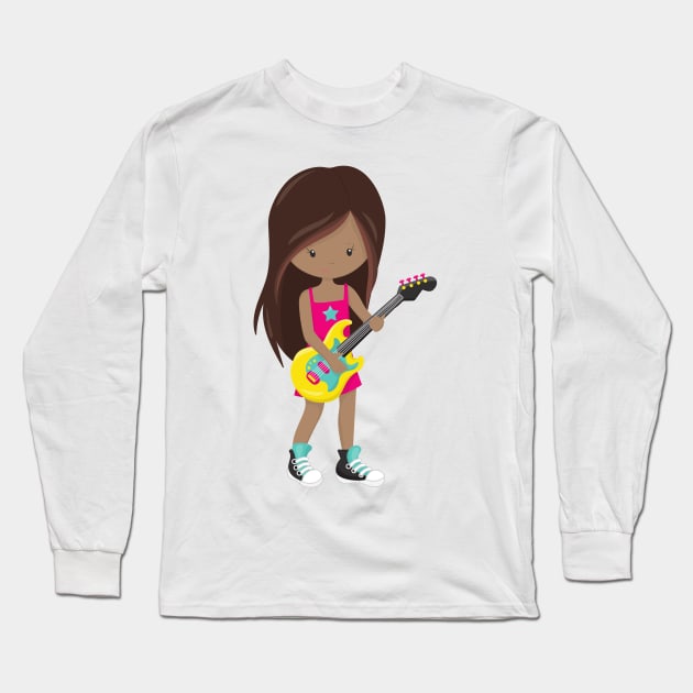 African American Girl, Rock Girl, Guitar Player Long Sleeve T-Shirt by Jelena Dunčević